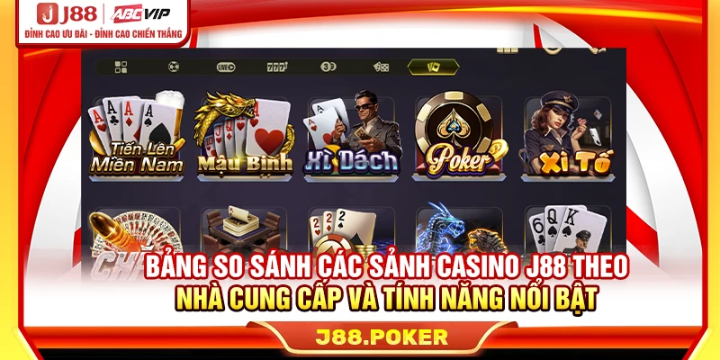 Bảng so sánh các sảnh casino J88 theo nhà cung cấp và tính năng nổi bật